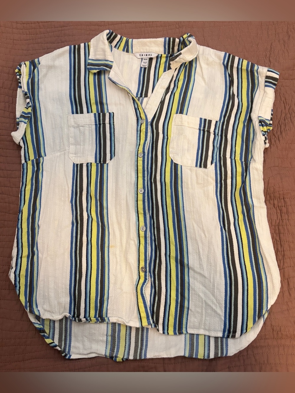 Tribal Striped Button-Down Shirt in Blue, Green, White Sz XL